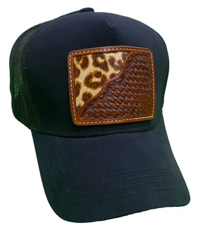 Women's Ponytail Adjustable Baseball Cap - Cheetah Hair on Cowhide&#47;Basket Tooled Leather #3